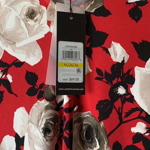 Karl Lagerfeld women’s red black V-neck pleated floral blouse size M - Picture 6 of 9